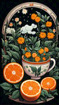 有橙子，有茶树，有菊花，细节丰富，包装插画