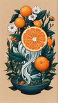 有橙子，有茶树，有菊花，细节丰富，包装插画