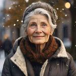 苍老的欧洲老奶奶的正脸照片，白发，冬天，充满笑容，卡通画风，戴着棕色头巾