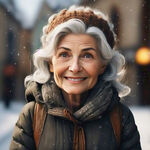 慈祥的欧洲老奶奶的正脸照片，白发，冬天，充满笑容，幼儿动画片画风，戴着棕色头巾