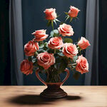 一个摆在桌子上面的花瓶，上面插满了玫瑰花