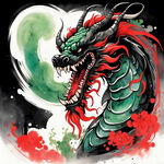 中国龙，颜色以黑色和红色为主，背景使用绿色，霸气，水墨风
