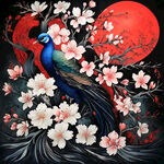 红色底，国画花鸟樱花树，孔雀开屏图，版画风格
