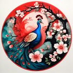 红色底面，孔雀开屏，国画花鸟樱花树，版画风格