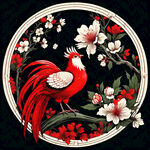 红色背景，锦鸡飞舞，花鸟桃花树，版画风格