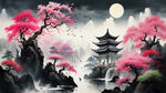 写意山水 水墨 中国风 仙境 白色的亭台楼阁在云上 大面积留白 飘落的粉色花瓣 白天 齐白石