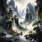 山谷，中国风，中国画，山水，水墨风格，写意，意境，高雅，高清，仙风道骨，江南水乡。