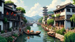 江南水乡，大场景，大场景，大场景，大场景，精细刻画，俯视鸟瞰，广阔的视野，广阔的视野，广阔的视野，广阔的视野，广阔的视野，广阔的视野，超广角，超广角，超广角，超广角，扁平插画，扁平插画，扁平插画，扁平插画，完美光影，绝美壁纸，构图层次丰富，画面开阔