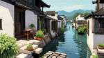 江南水乡，白墙黑瓦，大场景，精细刻画，俯视鸟瞰，广阔的视野，超广角，扁平插画，完美光影，绝美壁纸，构图层次丰富，画面开阔