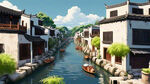 江南水乡，房屋要多，超广角，扁平插画，白墙黑瓦，大场景，精细刻画，俯视鸟瞰，广阔的视野，完美光影，绝美壁纸，构图层次丰富
