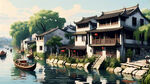 江南水乡，房屋要多，超广角，扁平插画，白墙黑瓦，大场景，精细刻画，俯视鸟瞰，广阔的视野，完美光影，绝美壁纸，构图层次丰富