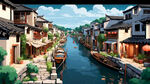江南水乡，房屋，超广角，扁平插画，白墙黑瓦，大场景，精细刻画，俯视鸟瞰，广阔的视野，完美光影，绝美壁纸，构图层次丰富