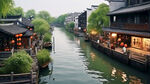 江南水乡，绍兴水乡，仓桥直街，近处水面，远处房屋，广阔的视野，俯视图，超广角