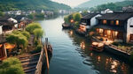 绍兴水乡，近处水面，远处房屋，广阔的视野，俯视图，超广角