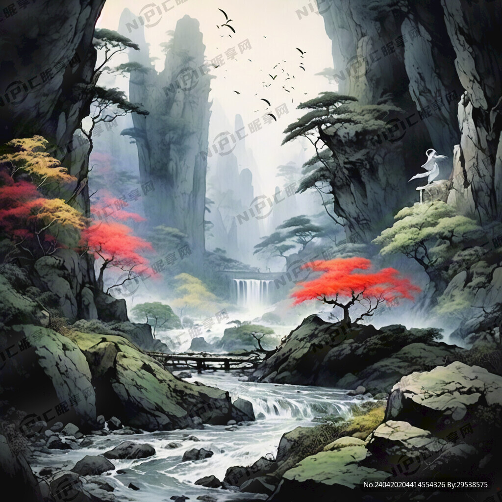 山谷 中国风 中国画 山水
