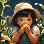 一个小女孩做在玉米地插画里面，手里抱着玉米正在啃玉米，重点是做着