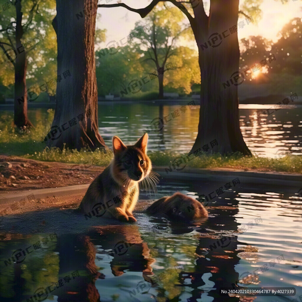 水池边 树林 晚霞日落 高清