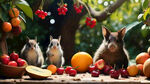 果园里树上挂满了各种水果，有橙子，火龙果，樱桃，榴莲。猕猴桃，水果洒落一地，小动物在果园里玩耍，躲在果子后面