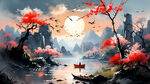 中国山水  旭日东升  梅花  竹子  小船
