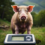 草地上一头肥猪站在电子称上称体重