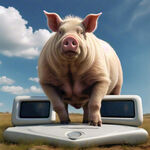 阳光明亮，天空晴朗，一头猪站在电子秤上
要减肥