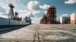 真实的工业港口码头场景，蓝天白云，面积广阔的水泥路面广场