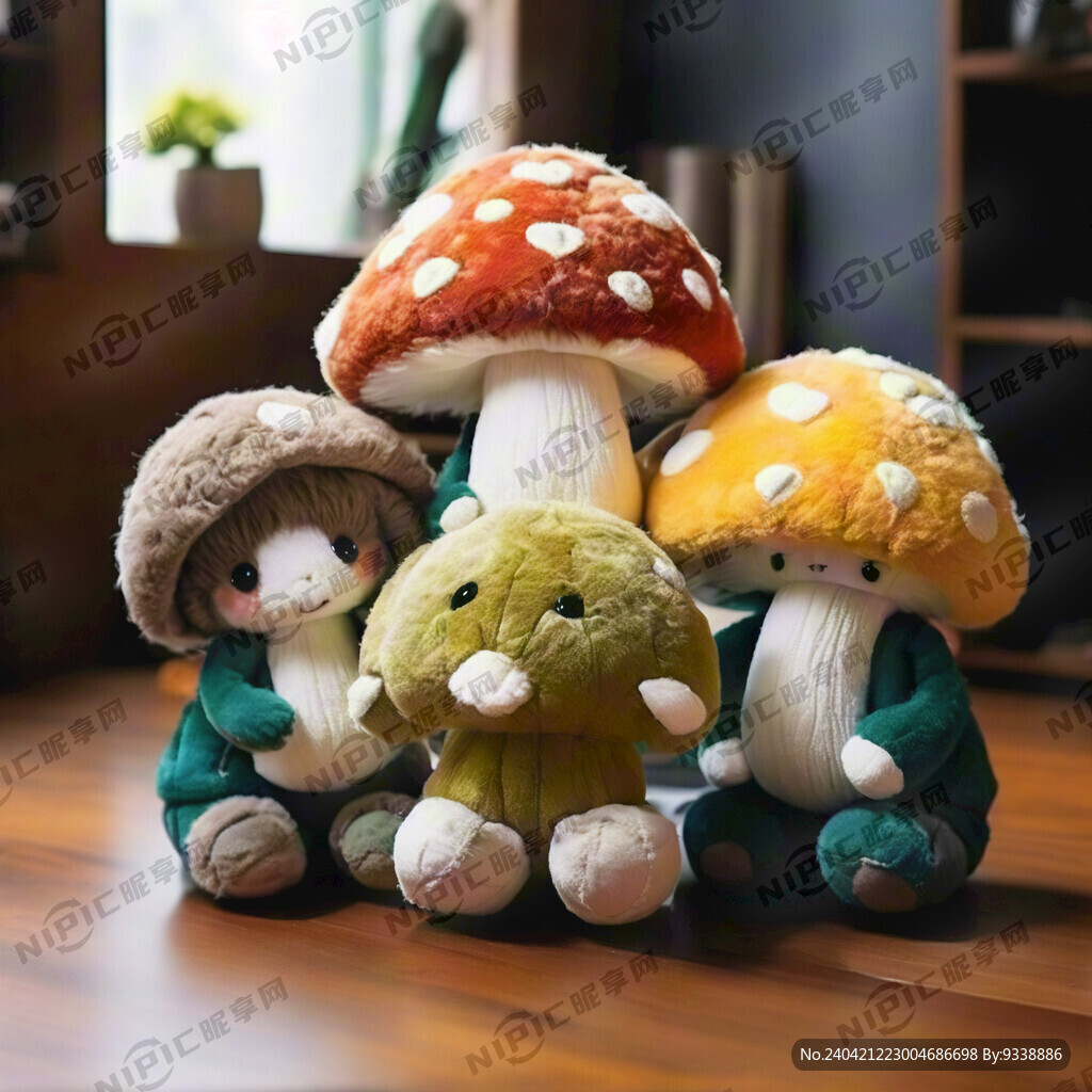 4个可爱蘑菇毛绒玩具放在一排