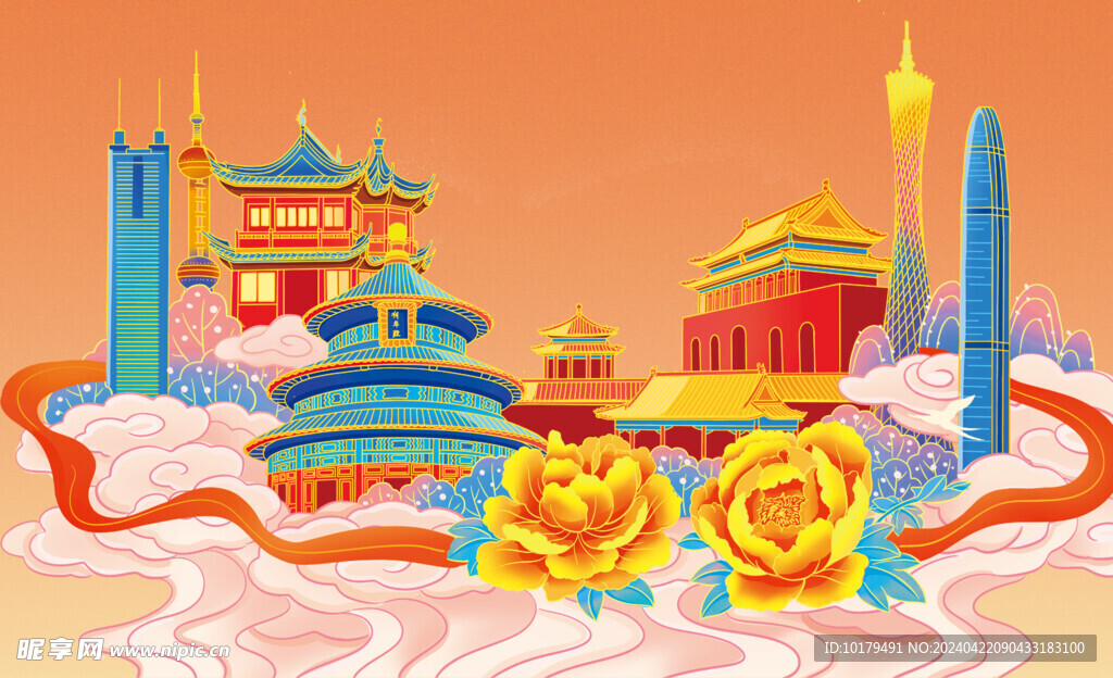 国潮手绘古建筑
