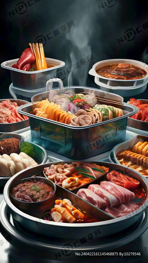 放在很多透明餐盒里的火锅食材
