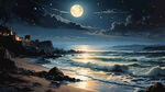 海边夜景，有月亮，海面平静，视角宽阔