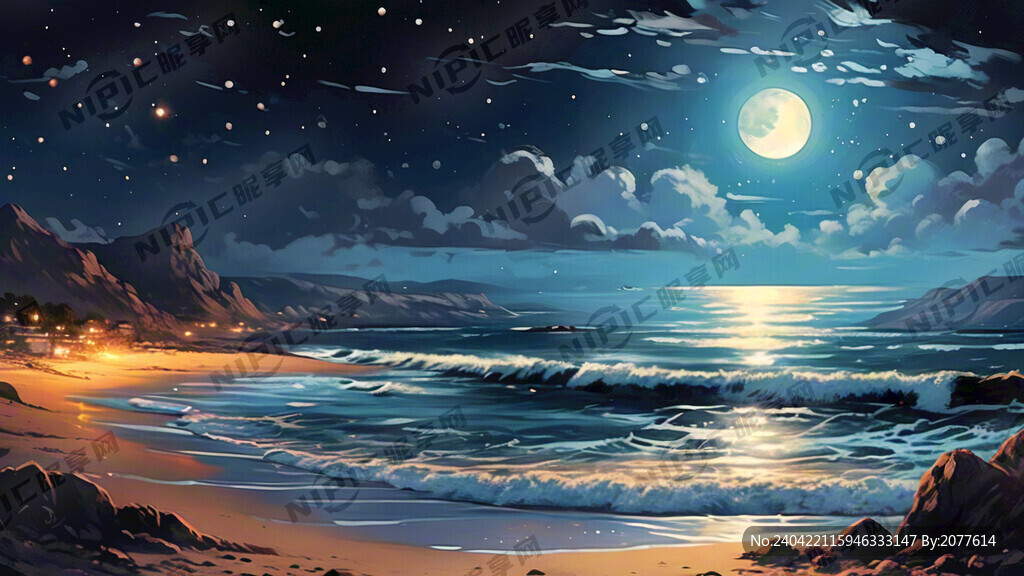 海边夜景 有月亮 海面平静