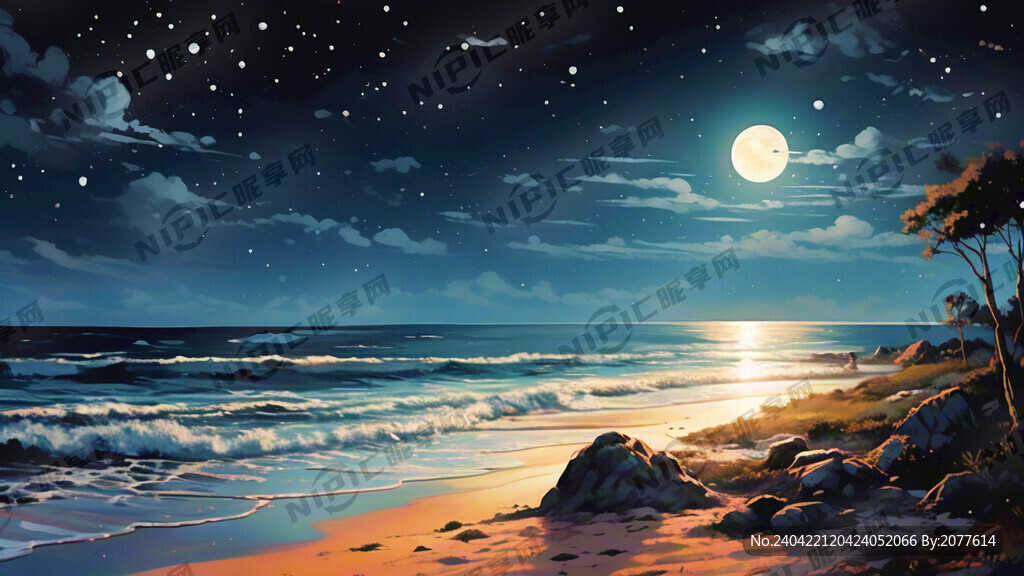 海边夜景 有月亮 没有山 沙滩