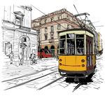 绘画插图 素描城市电车