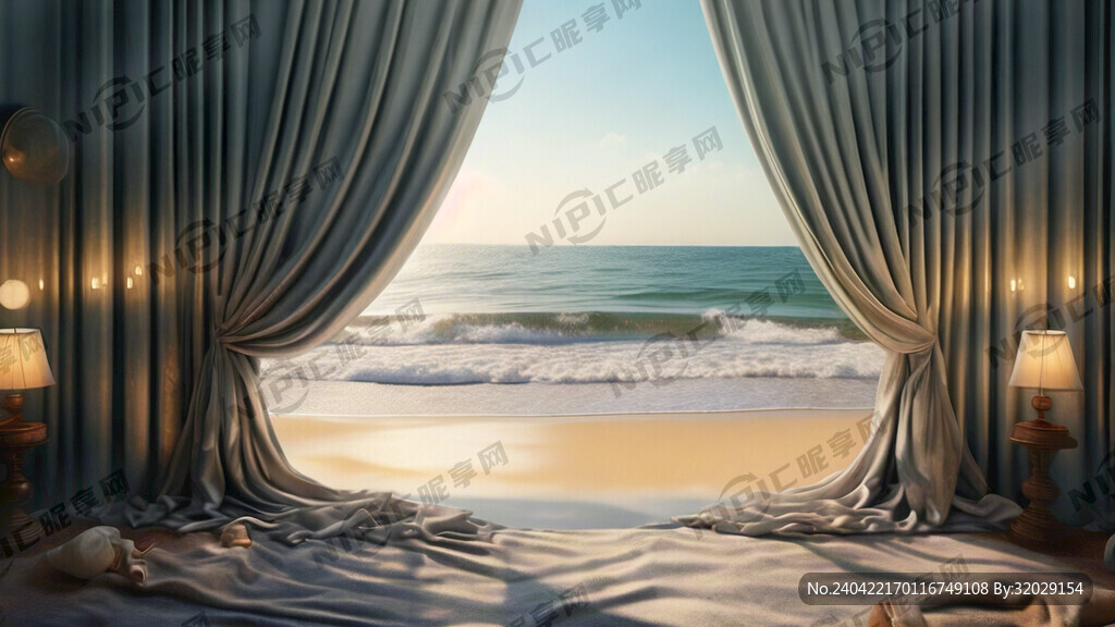 窗帘温馨 明亮 大海背景