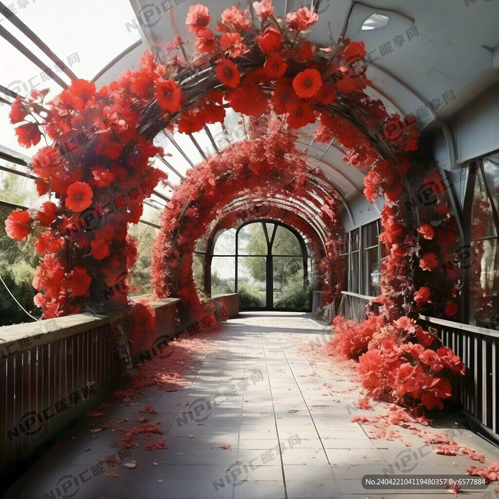 红色花朵廊架 像一个花朵的隧道