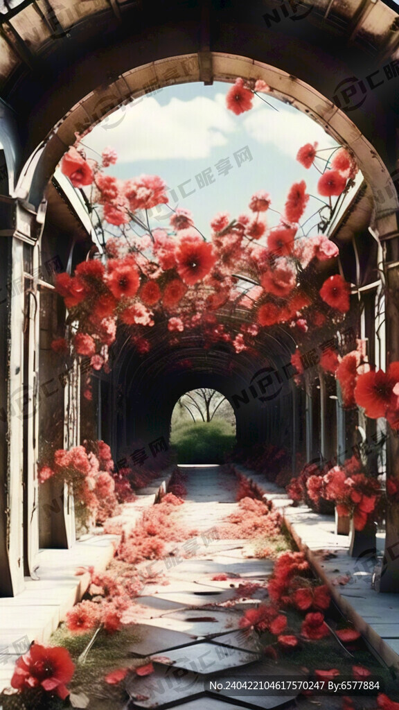 红色花朵遍布铁艺拱形廊架  