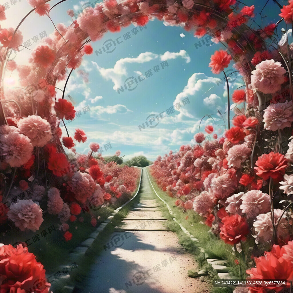 红色花朵充满的花朵隧道