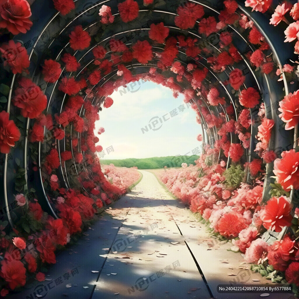 红色花朵充满的花朵隧道