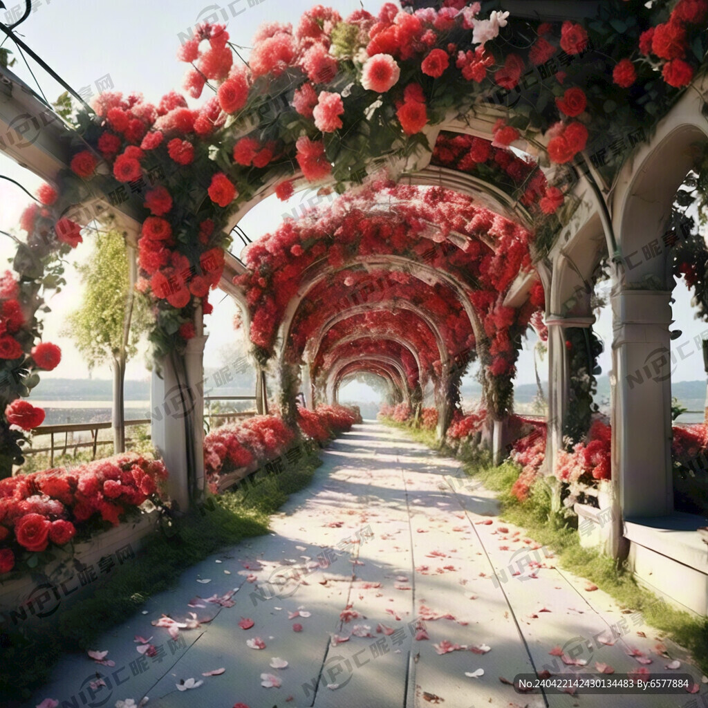 红色花朵充满的花朵长廊