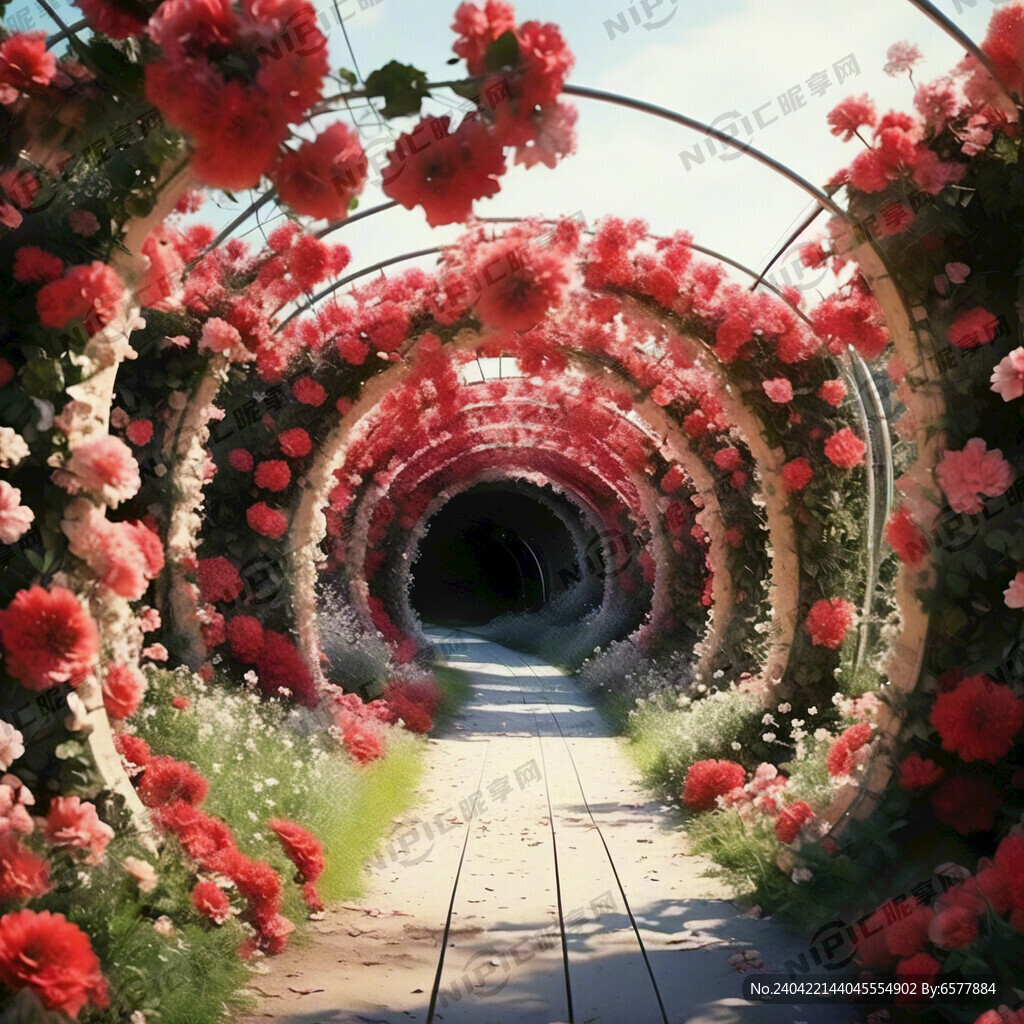 红色花朵充满的花朵隧道20米长