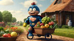 豆子超人推着手推车，手推车上有很多种类的蔬菜水果，背景是一片农田