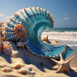 唯美 完美 沙滩 扇贝 海螺 蓝色浪花 阳光照射