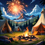 卡通   篝火晚会   篝火旁边几个露营帐篷  背景是群山  烟火  帐篷里不要火焰