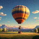 卡通  一个草坪上 大的热气球准备点火起飞  背景山峰   黄昏的天空