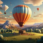 卡通  一个草坪上 大的热气球点火  背景山峰   太阳落山