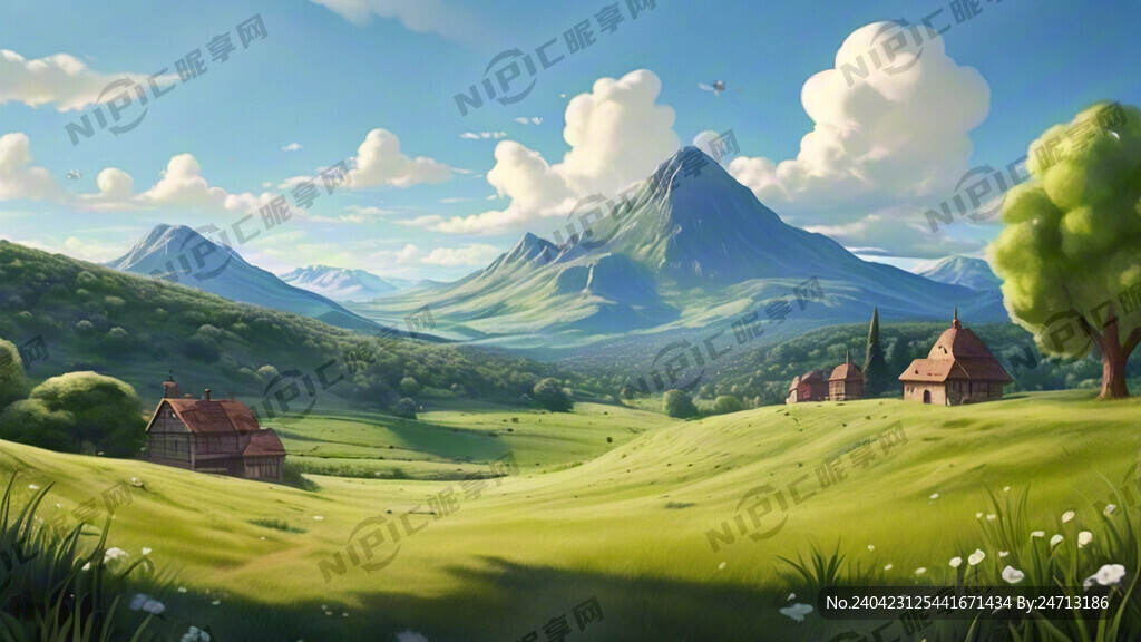卡通 只要大草坪 远景绿山