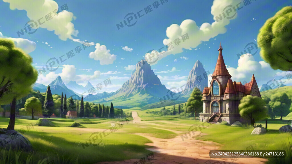 卡通 只要大草坪 远景绿山