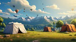 卡通大草坪   草坪上几个小帐篷  背景山峰蓝天  天空上1个热气球  不要路