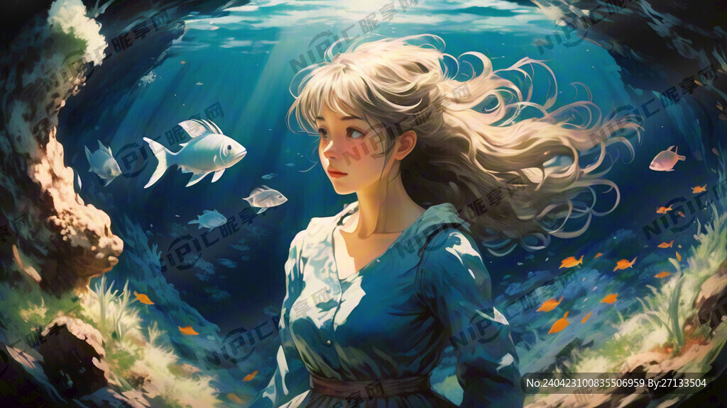 宫崎骏画风 蓝白色为主 海底