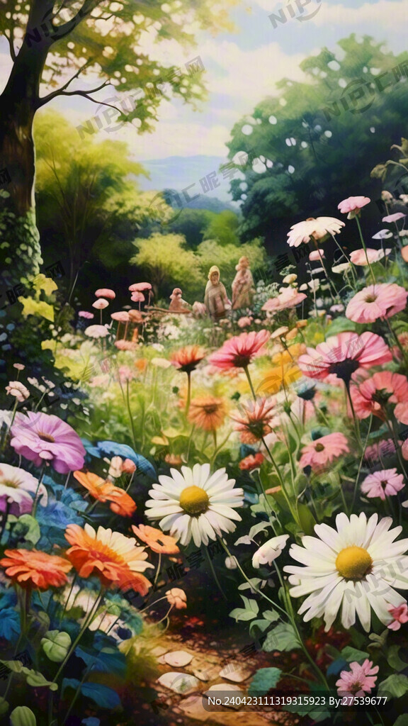 油画风格的花园 花丛 五颜六色